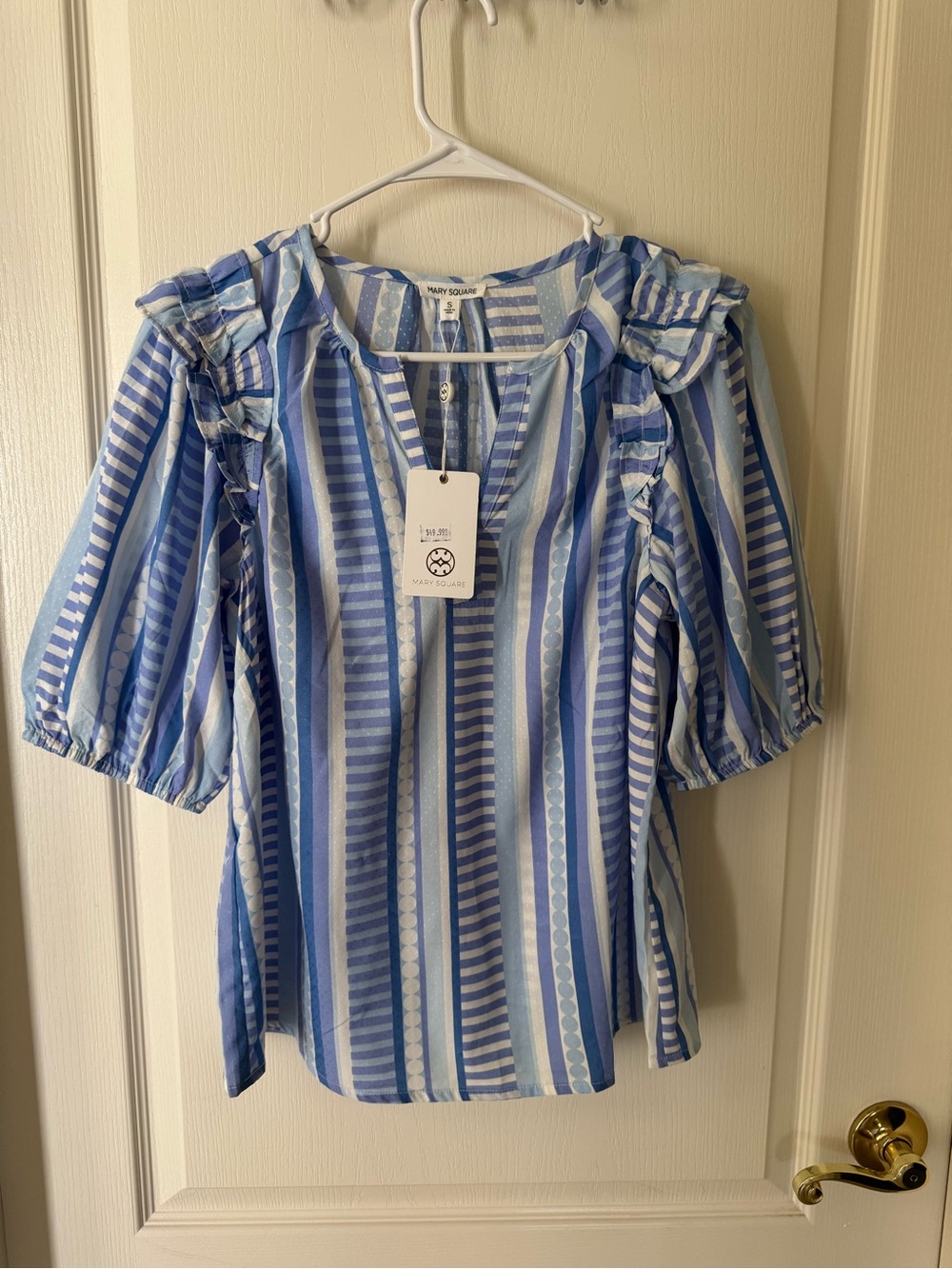 Mary Square Skylar - Blue Striped Ruffle Shoulder Blouse